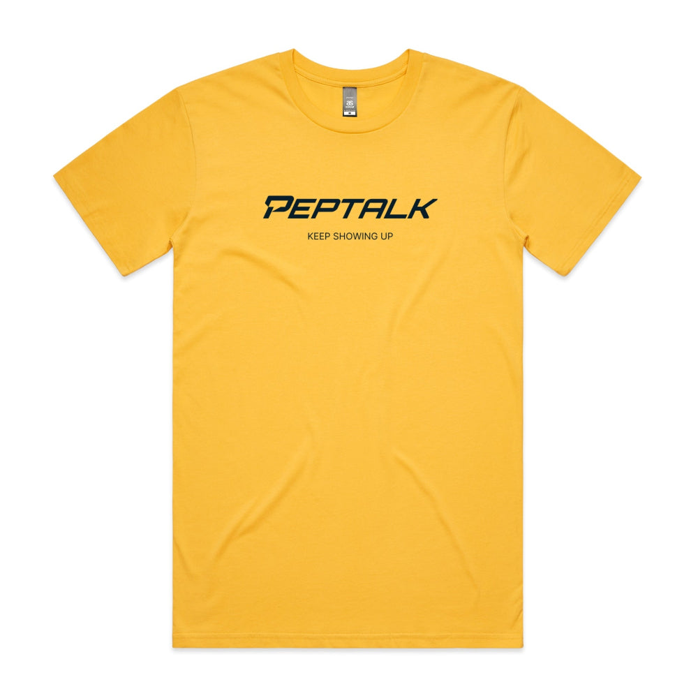 Yellow men's tshirt with PepTalk logo and Keep Showing Up design on white background