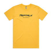 Yellow men's tshirt with PepTalk logo and Keep Showing Up design on white background