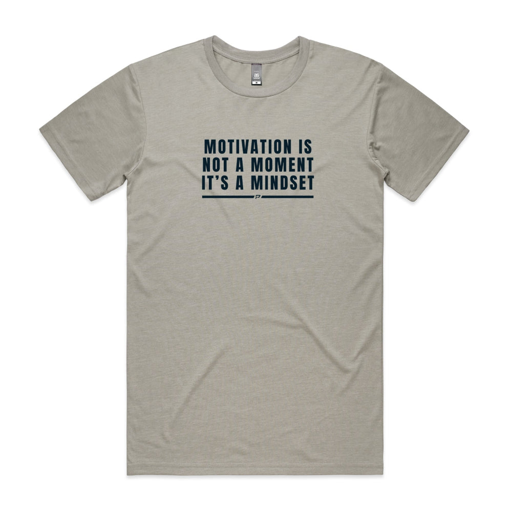 Light grey men's t-shirt with "Motivation Is Not A Moment It's A Mindset" text on a white background