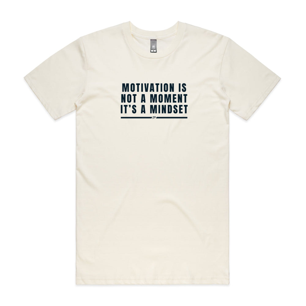 Natural colour men's t-shirt with "Motivation Is Not A Moment It's A Mindset" text on a white background