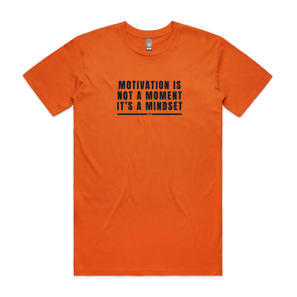 Orange men's t-shirt with "Motivation Is Not A Moment It's A Mindset" text on a white background
