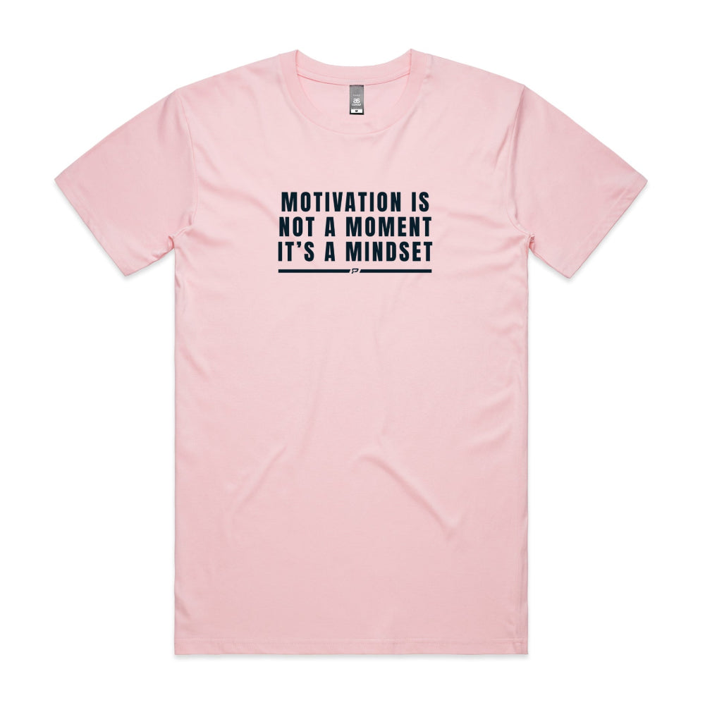 Pink men's t-shirt with "Motivation Is Not A Moment It's A Mindset" text on a white background