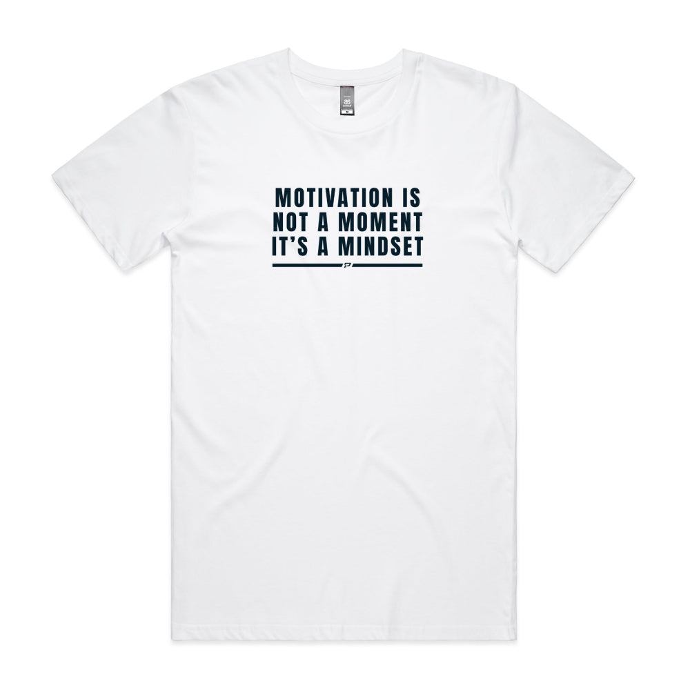 White men's t-shirt with "Motivation Is Not A Moment It's A Mindset" text on a white background