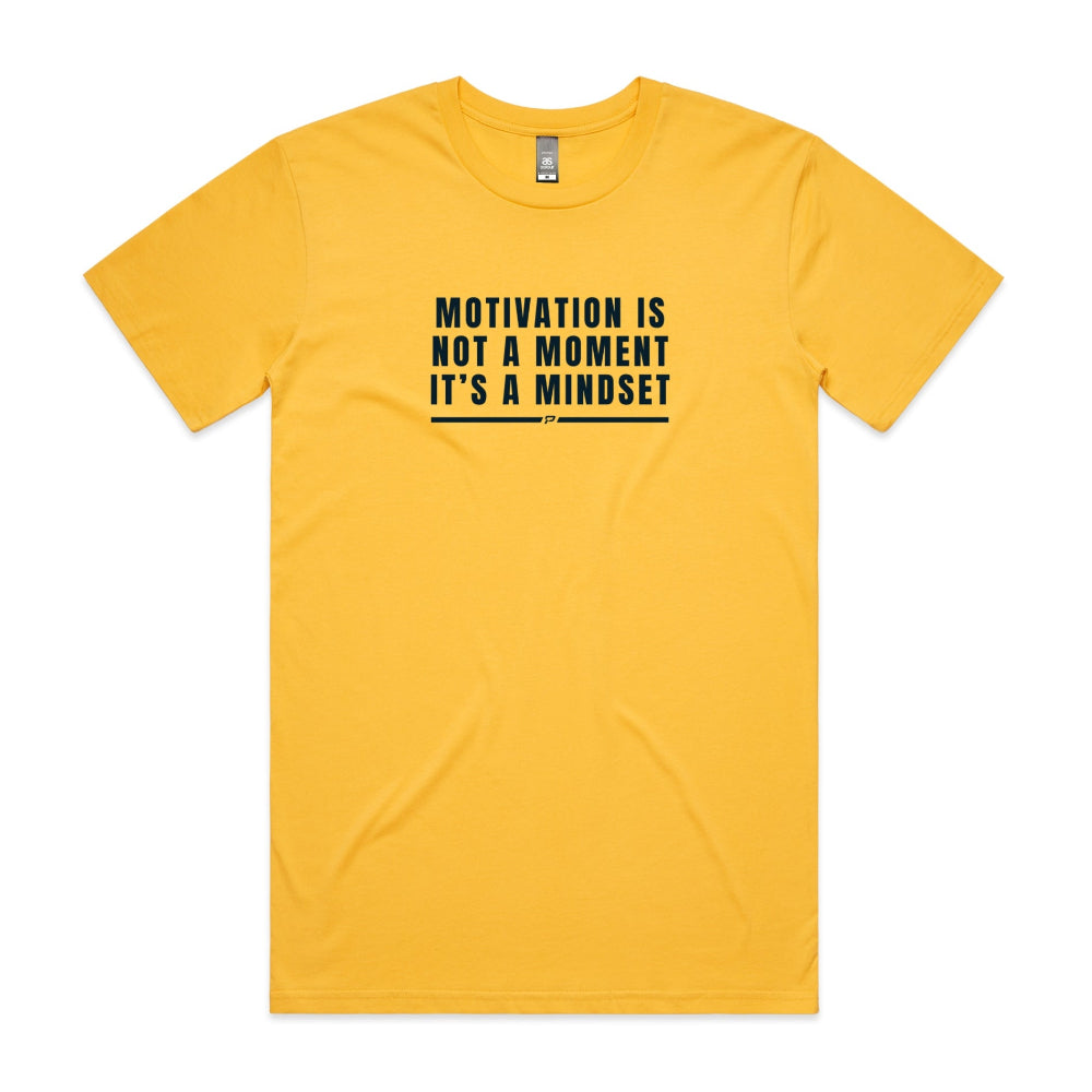 Yellow men's t-shirt with "Motivation Is Not A Moment It's A Mindset" text on a white background