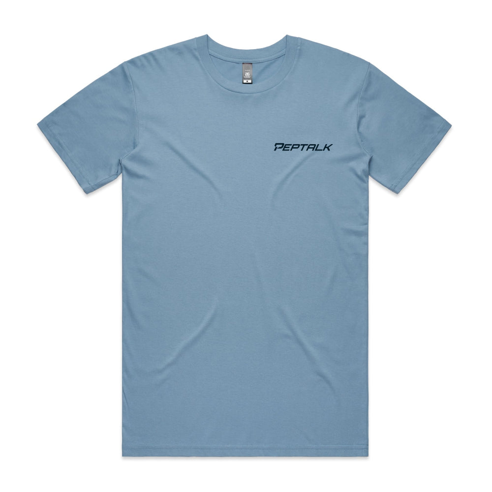 Carolina blue men's tshirt with navy PepTalk logo on white background