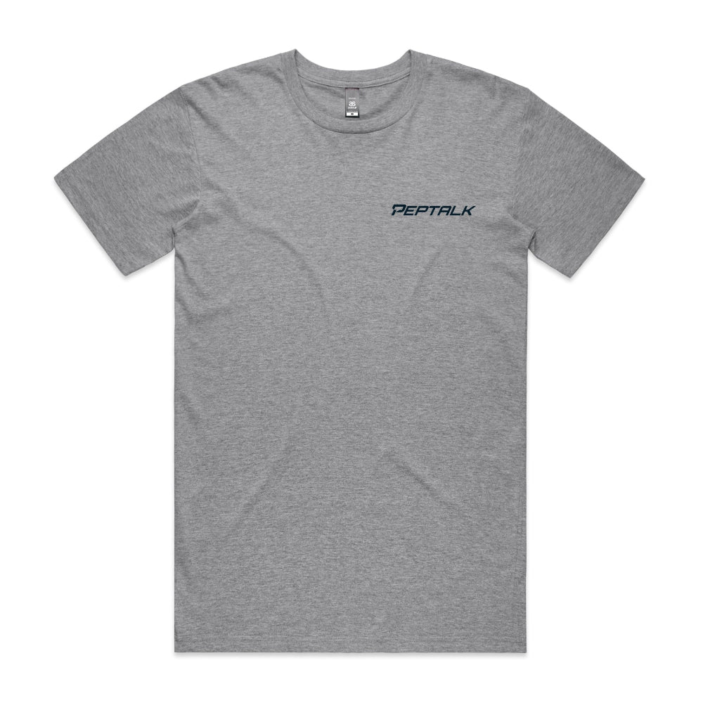 Grey marle men's tshirt with navy PepTalk logo on white background