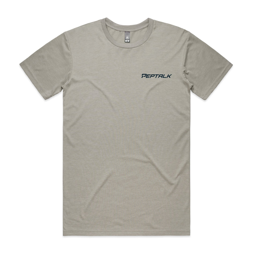 Light grey men's tshirt with navy PepTalk logo on white background