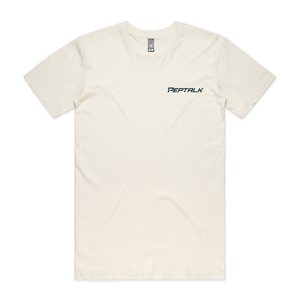 Natural colour men's tshirt with navy PepTalk logo on white background
