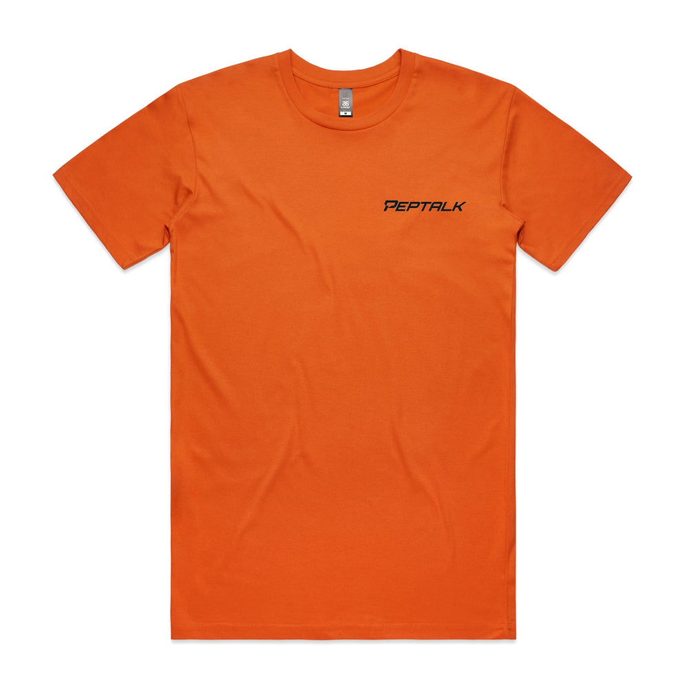 Orange men's tshirt with navy PepTalk logo on white background