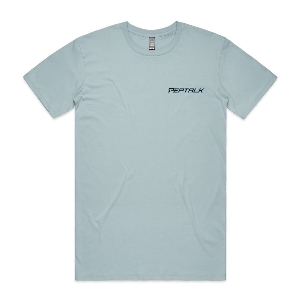 Pale blue men's tshirt with navy PepTalk logo on white background