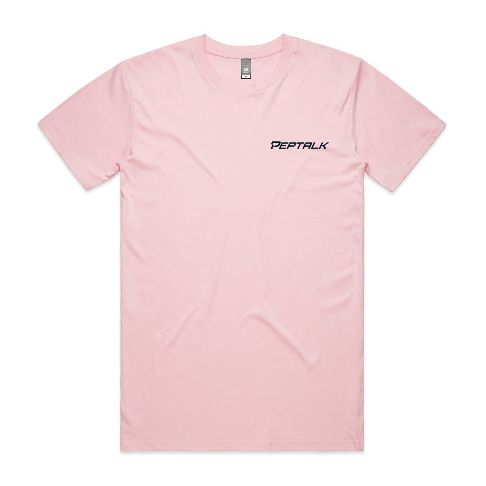 Pink men's tshirt with navy PepTalk logo on white background