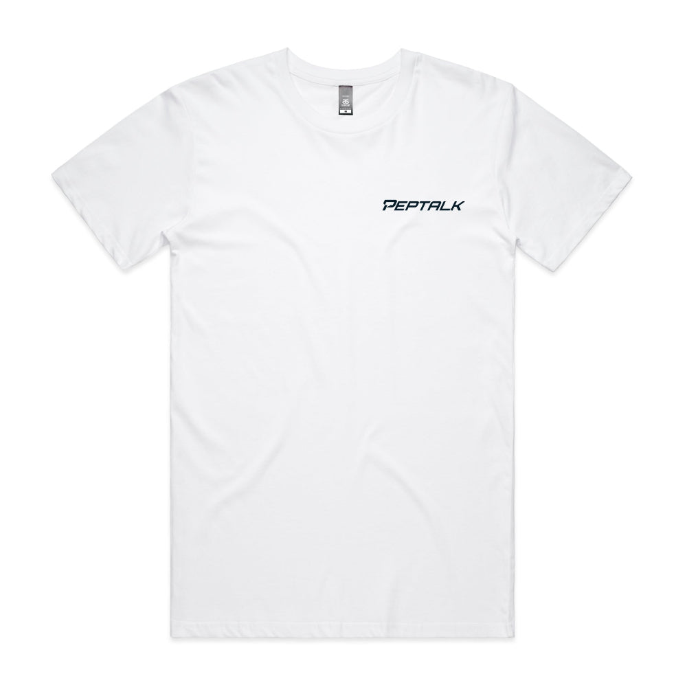 White men's tshirt with navy PepTalk logo on white background
