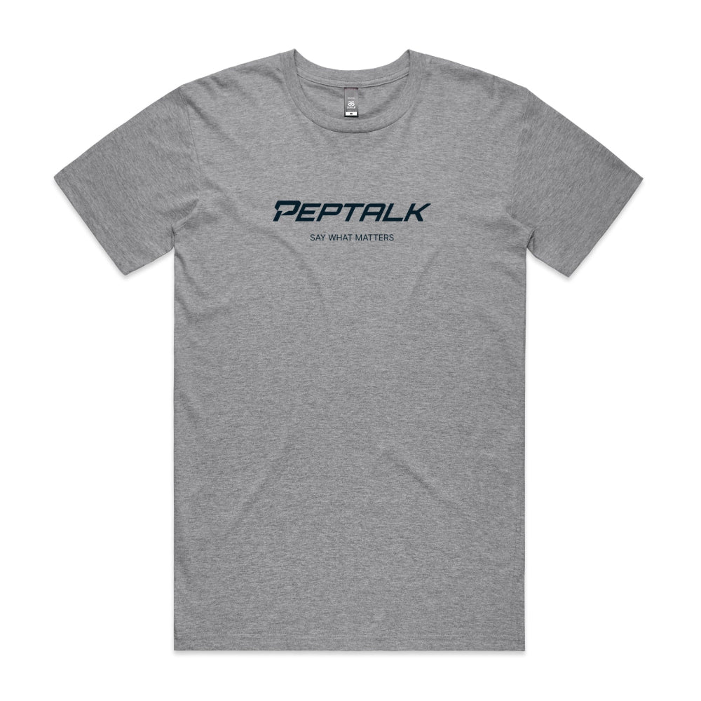 Grey Marle men's tshirt with PepTalk logo and Say What Matters design on white background