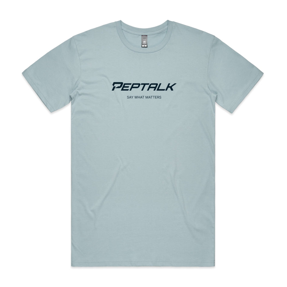 Pale blue men's tshirt with PepTalk logo and Say What Matters design on white background