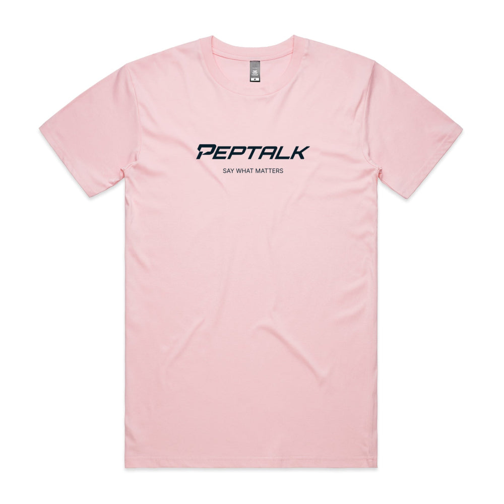Pink men's tshirt with PepTalk logo and Say What Matters design on white background