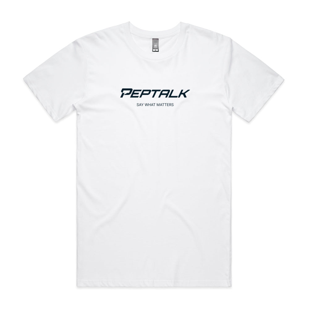White men's tshirt with PepTalk logo and Say What Matters design on white background