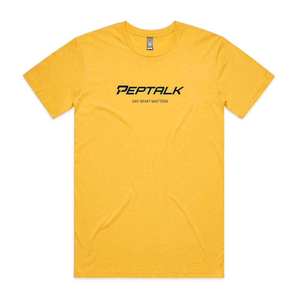 Yellow men's tshirt with PepTalk logo and Say What Matters design on white background