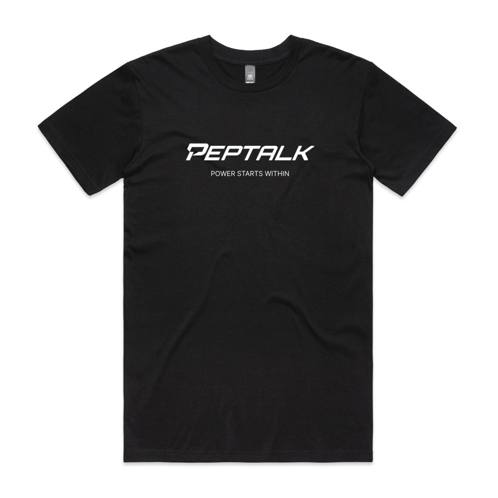 Black men's tshirt with PepTalk logo and Power Starts Within design on white background