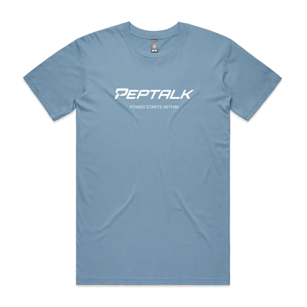 Carolina blue men's tshirt with PepTalk logo and Power Starts Within design on white background