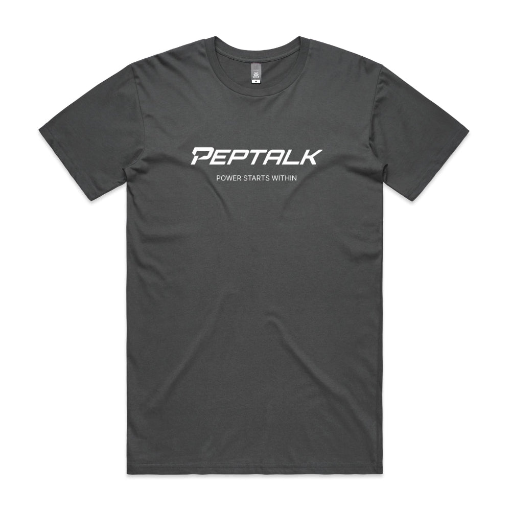 Charcoal colour men's tshirt with PepTalk logo and Power Starts Within design on white background