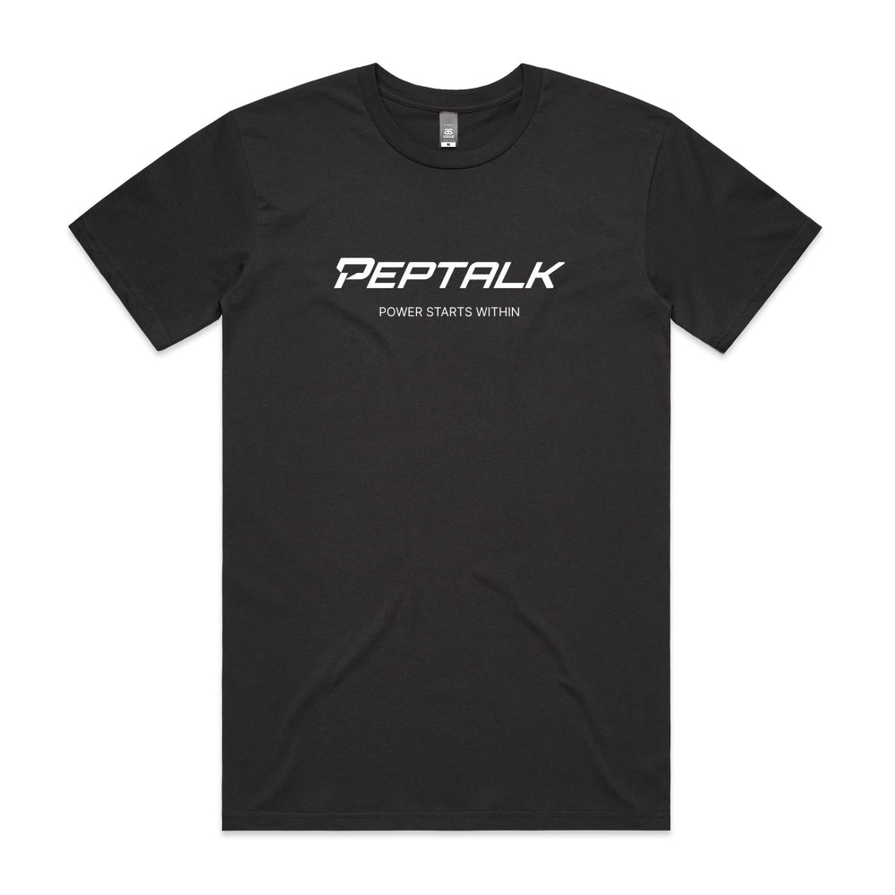Coal colour men's tshirt with PepTalk logo and Power Starts Within design on white background