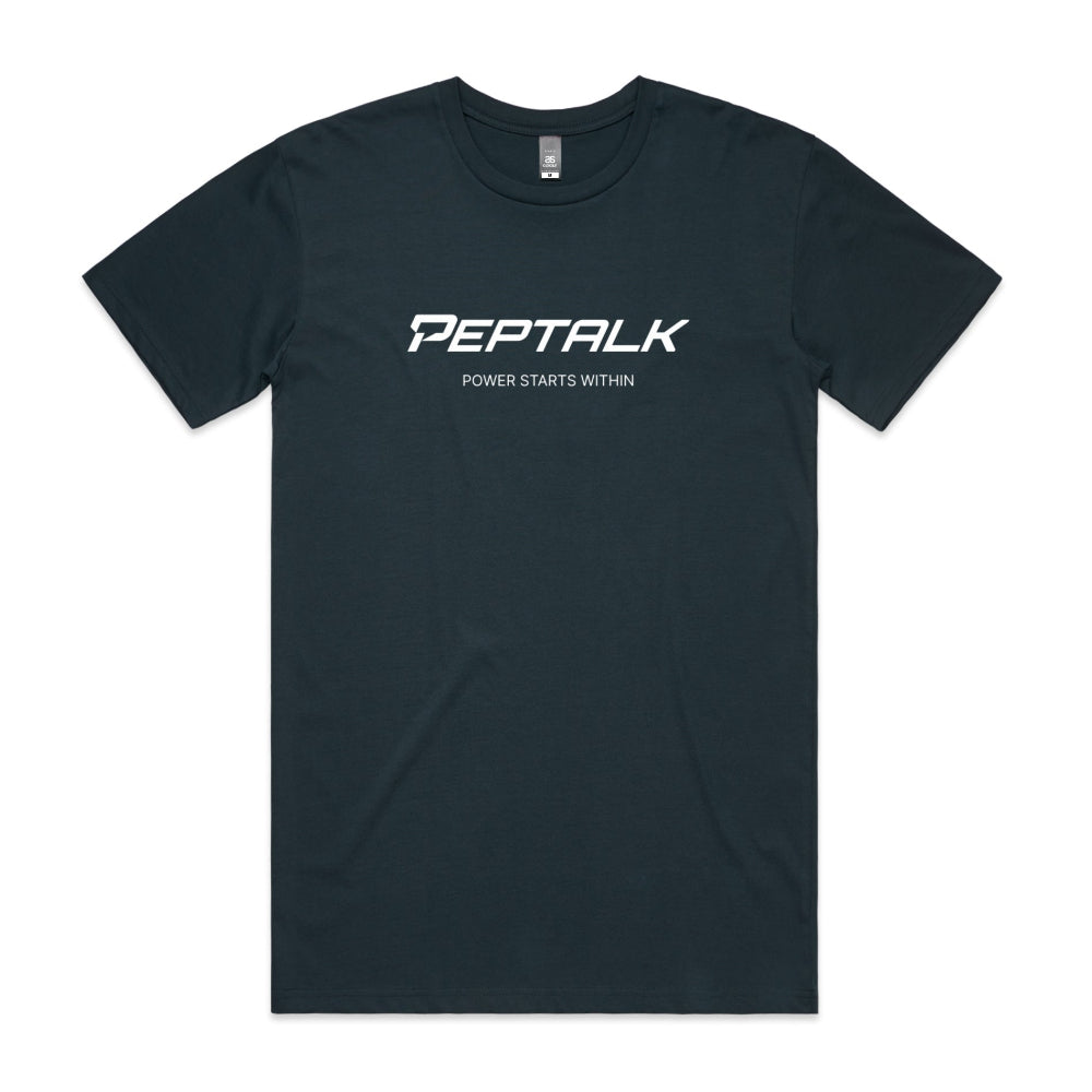 Indigo men's tshirt with PepTalk logo and Power Starts Within design on white background