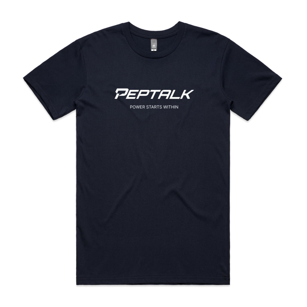Navy men's tshirt with PepTalk logo and Power Starts Within design on white background