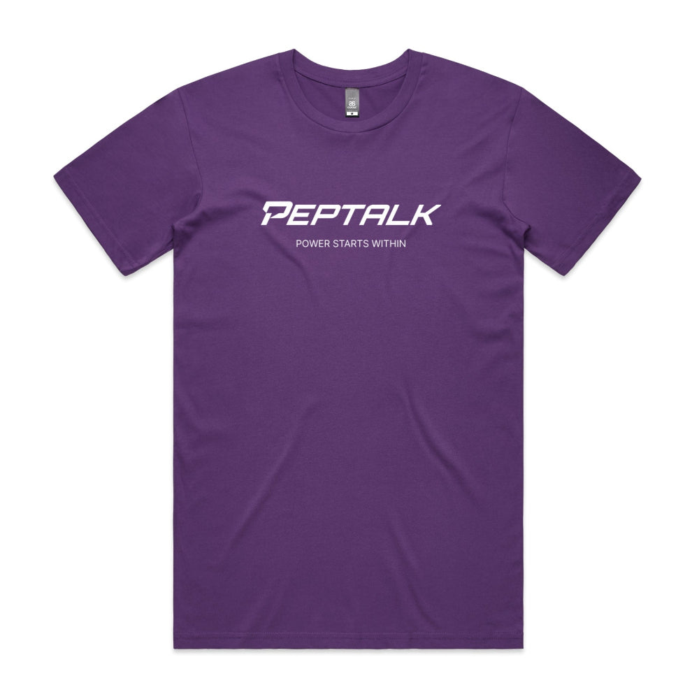 Purple men's tshirt with PepTalk logo and Power Starts Within design on white background