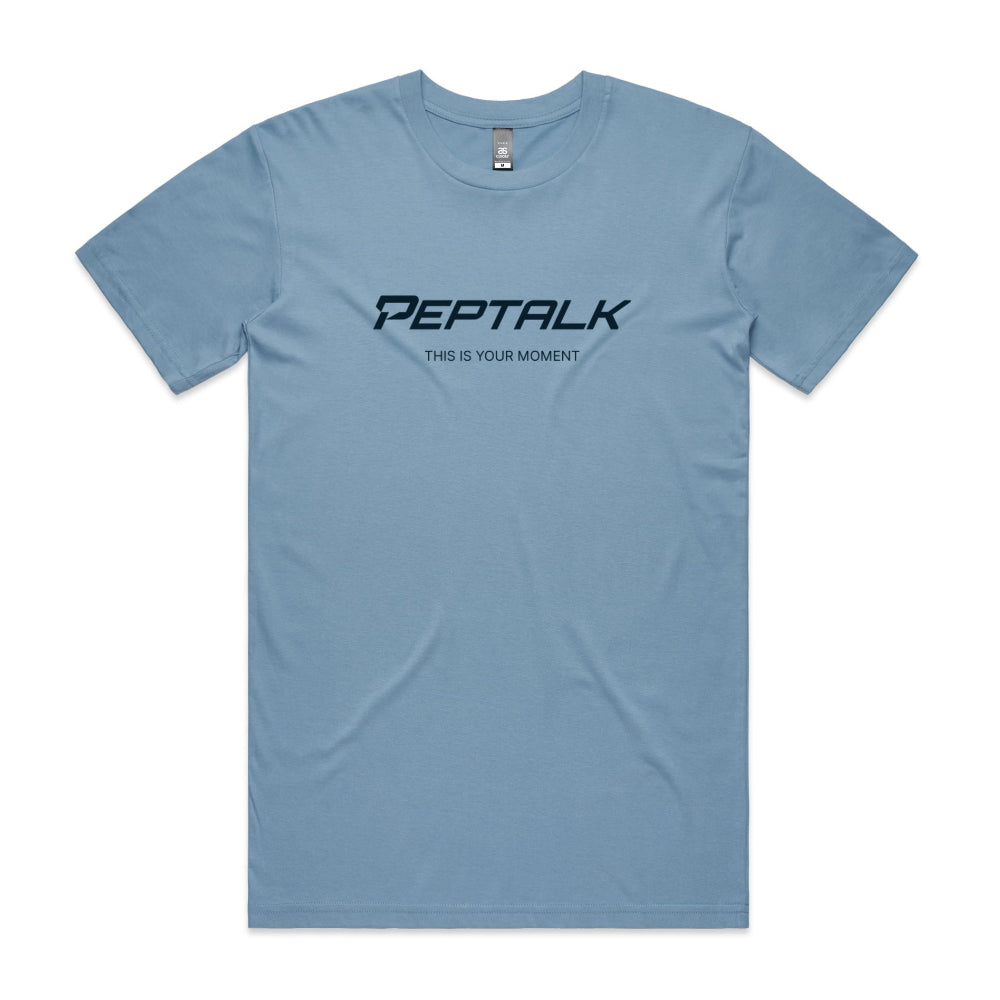 Carolina blue men's tshirt with PepTalk logo and This Is Your Moment design on white background