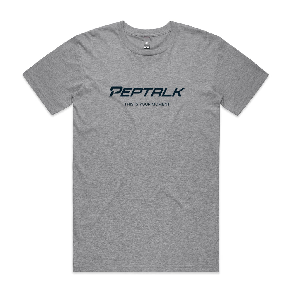 Grey Marle men's tshirt with PepTalk logo and This Is Your Moment design on white background