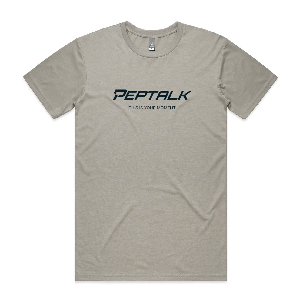 Light grey men's tshirt with PepTalk logo and This Is Your Moment design on white background