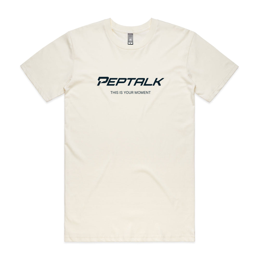 Natural colour men's tshirt with PepTalk logo and This Is Your Moment design on white background