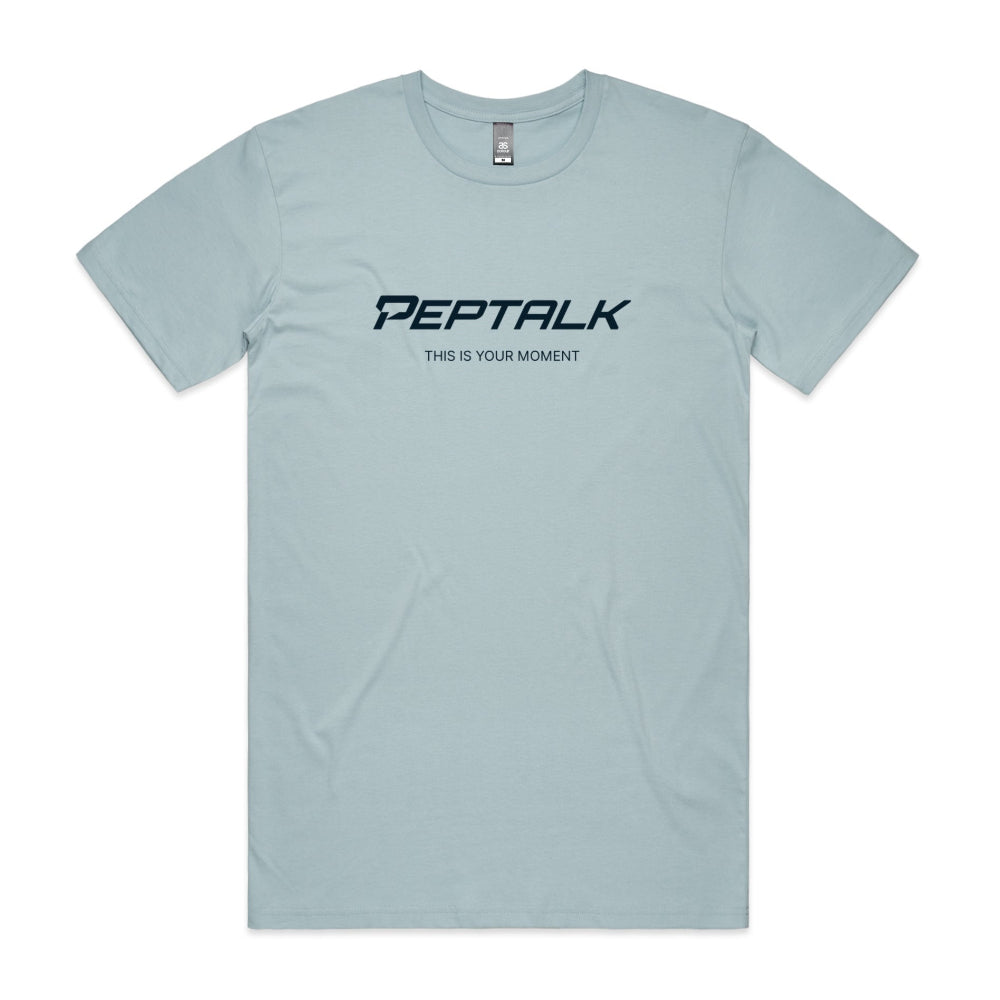 Pale blue men's tshirt with PepTalk logo and This Is Your Moment design on white background