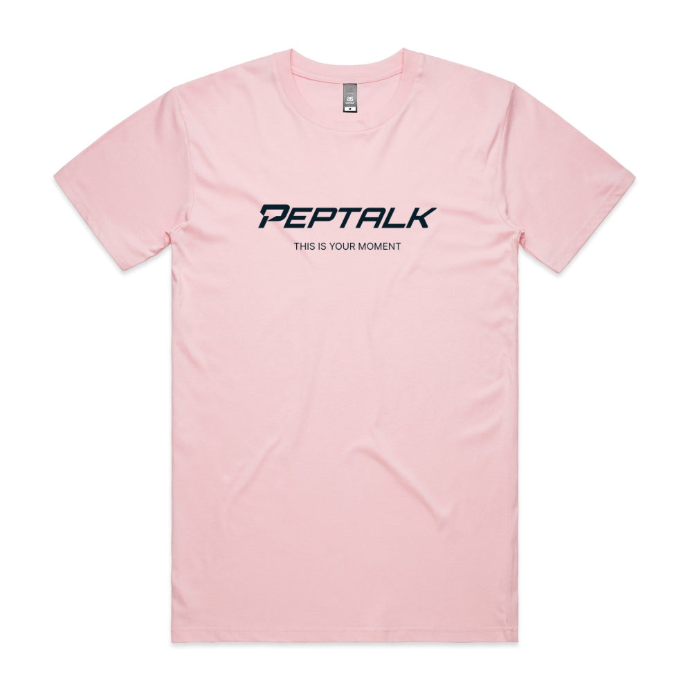 Pink men's tshirt with PepTalk logo and This Is Your Moment design on white background