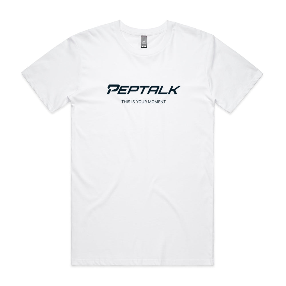 White men's tshirt with PepTalk logo and This Is Your Moment design on white background