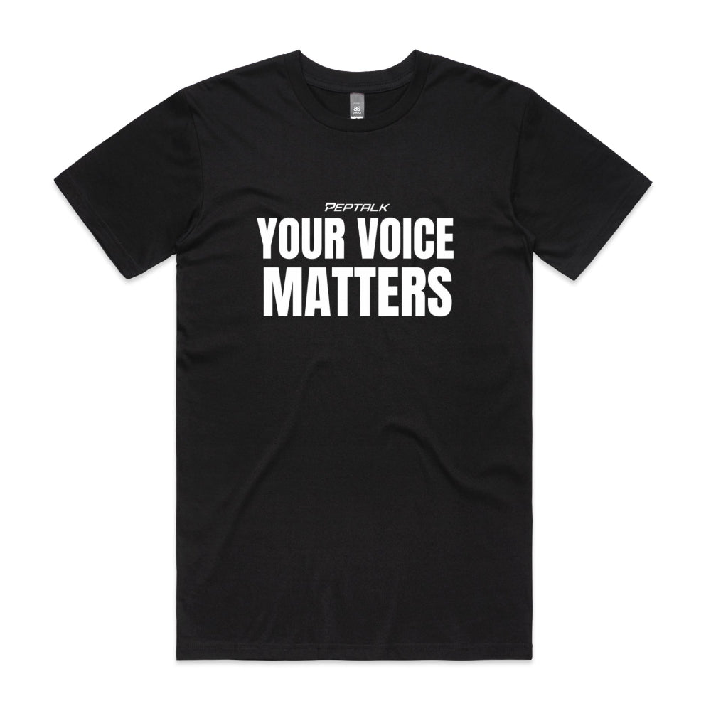 Black men's tshirt with Your Voice Matters design on white background