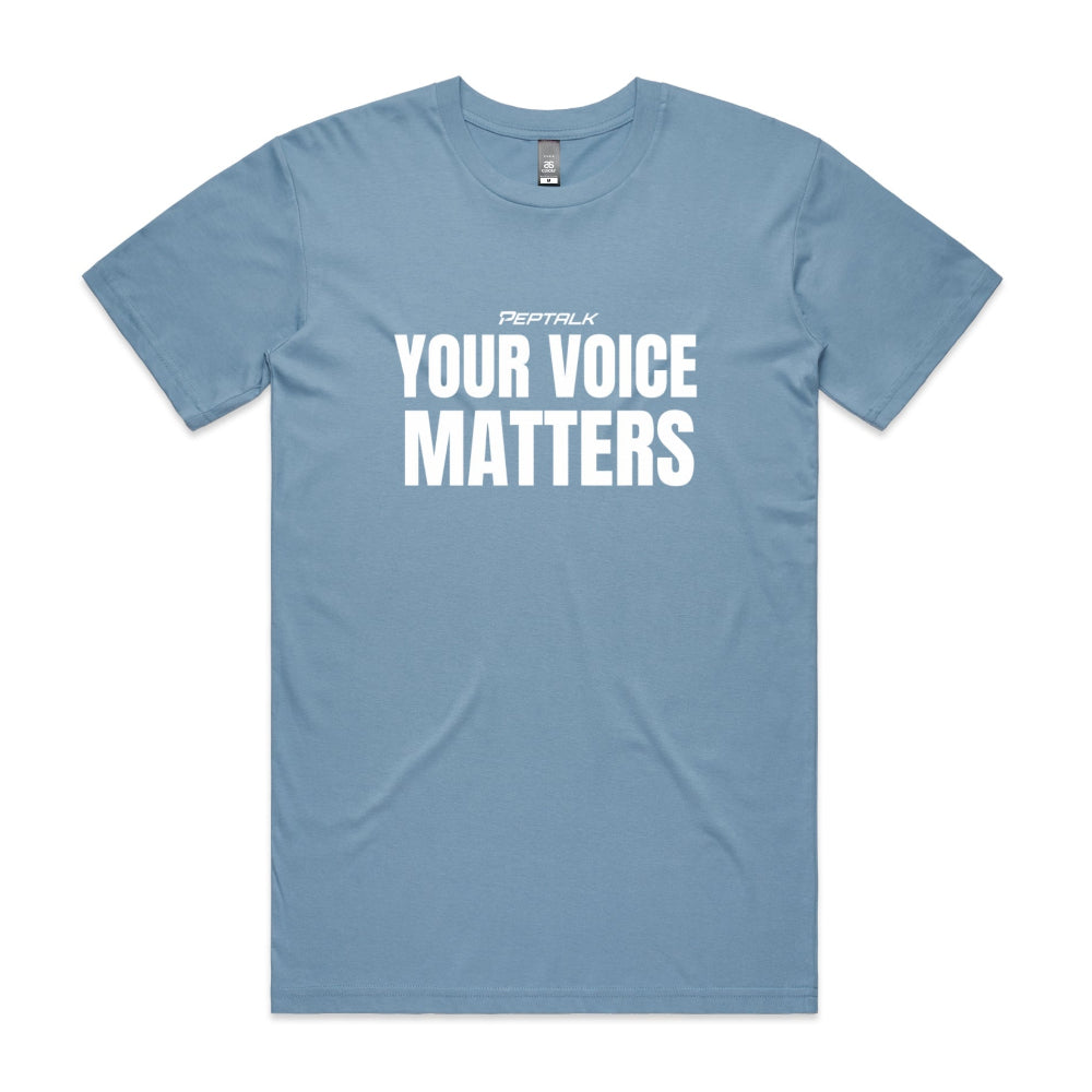 Carolina blue men's tshirt with Your Voice Matters design on white background