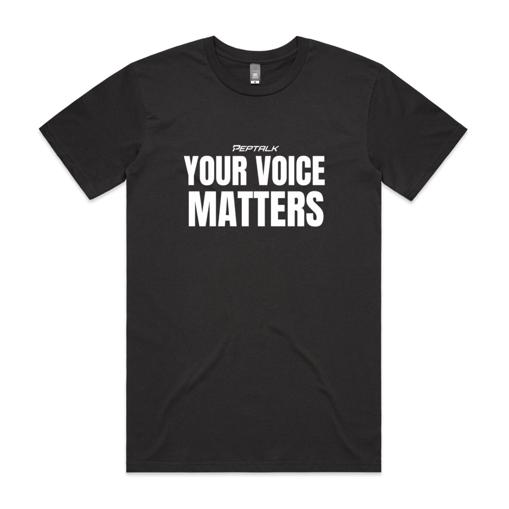 Coal men's tshirt with Your Voice Matters design on white background