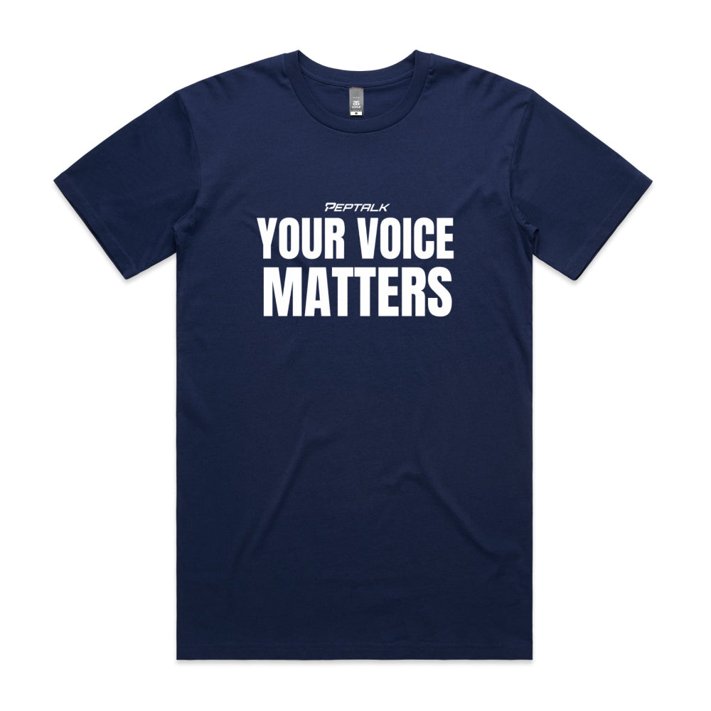Cobalt men's tshirt with Your Voice Matters design on white background