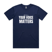 Cobalt men's tshirt with Your Voice Matters design on white background