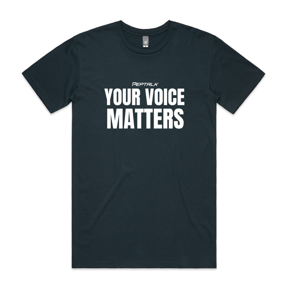 Indigo men's tshirt with Your Voice Matters design on white background
