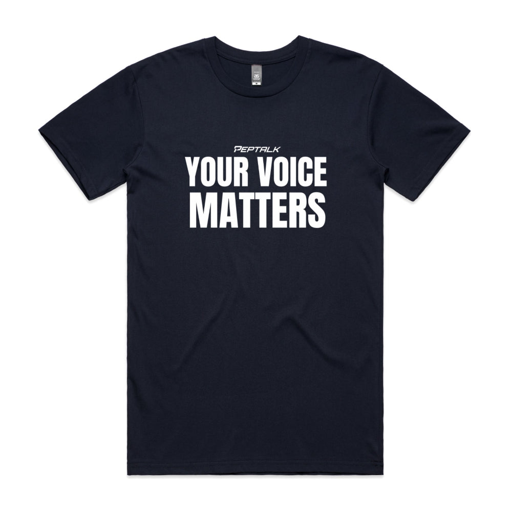 Navy men's tshirt with Your Voice Matters design on white background