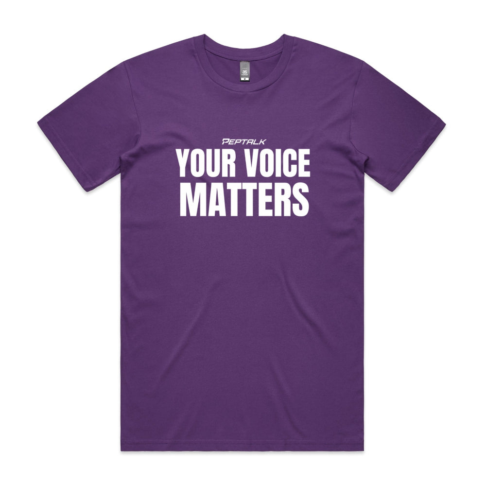 Purple men's tshirt with Your Voice Matters design on white background