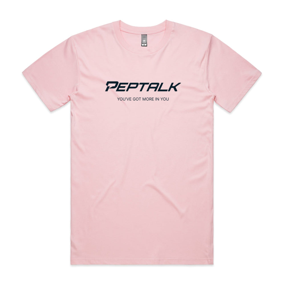Pink men's tshirt with PepTalk logo and You've Got More In You design on white background