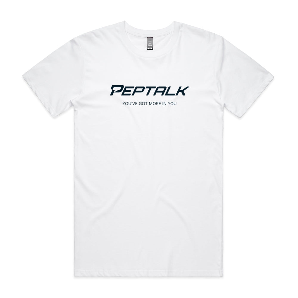 White men's tshirt with PepTalk logo and You've Got More In You design on white background