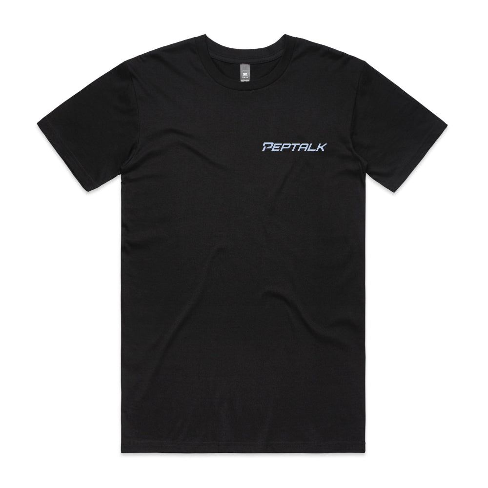 Black men's t-shirt with light blue 'Peptalk' logo on a white background