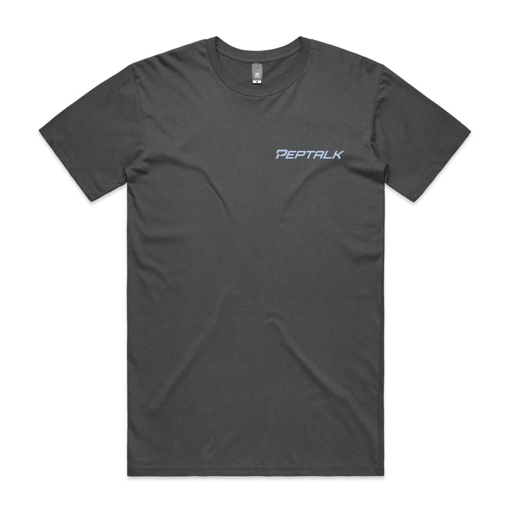 Charcoal men's t-shirt with light blue 'Peptalk' logo on a white background