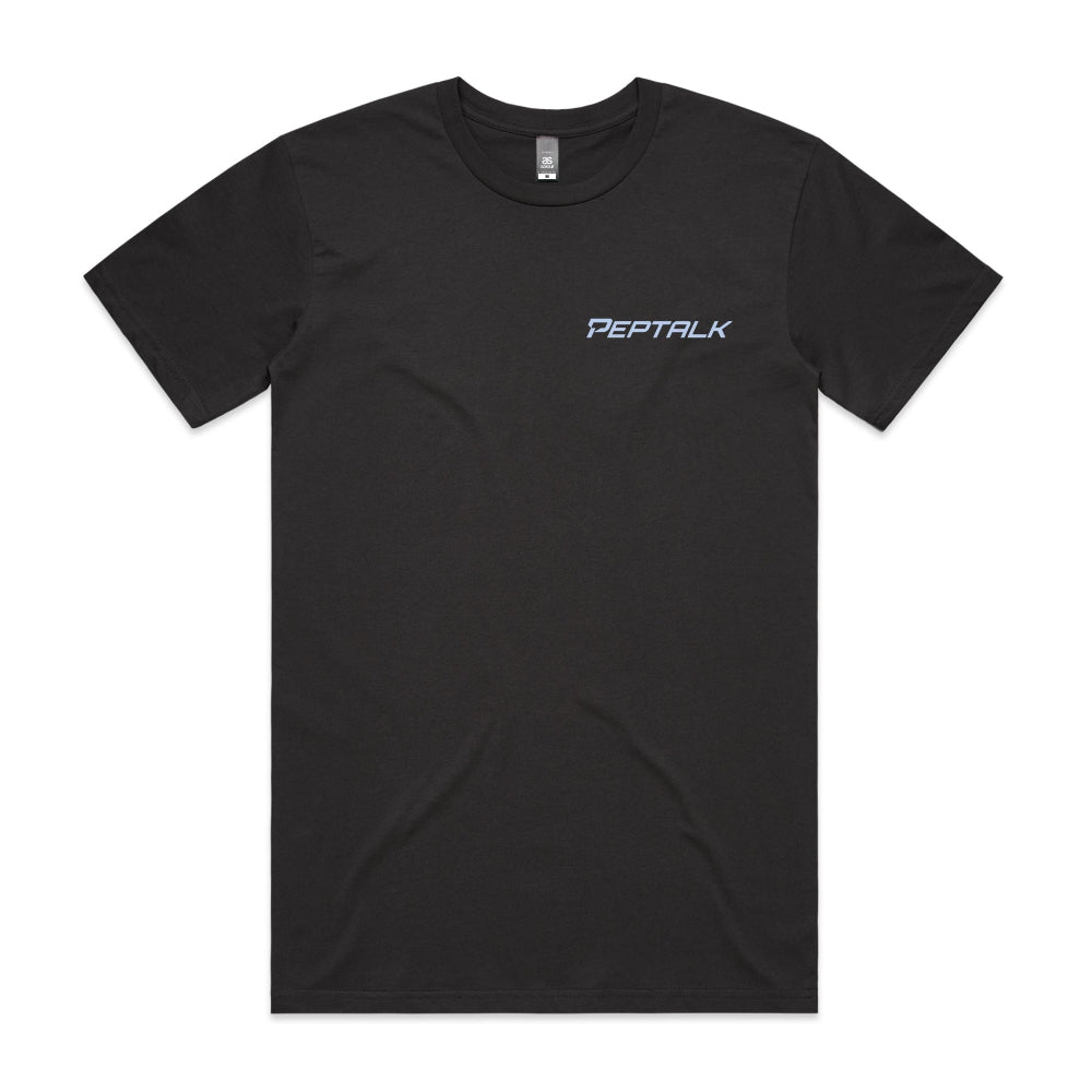 Coal men's t-shirt with light blue 'Peptalk' logo on a white background