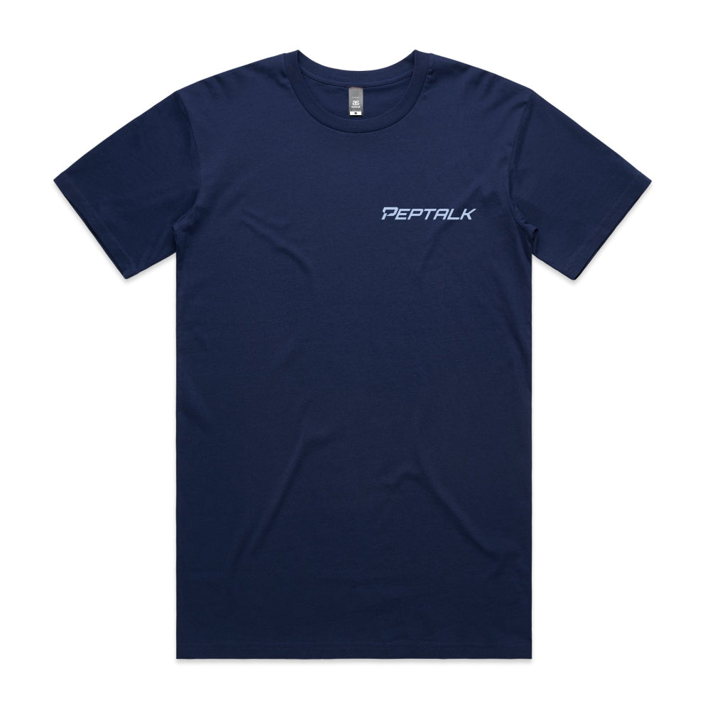 Cobalt men's blue t-shirt with light blue 'Peptalk' logo on a white background