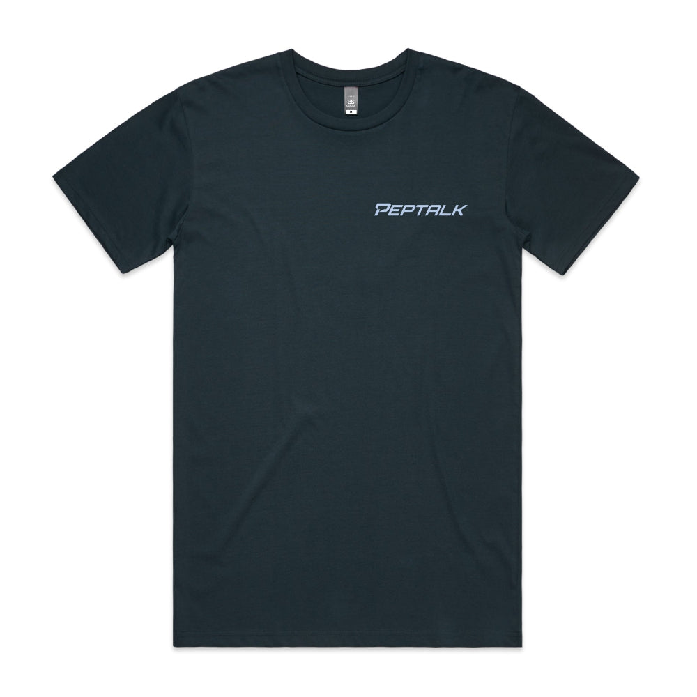 Indigo men's t-shirt with light blue 'Peptalk' logo on a white background